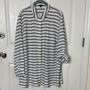 Talbots White Navy Striped Blouse button down lightweight size 3X sleeve tabs